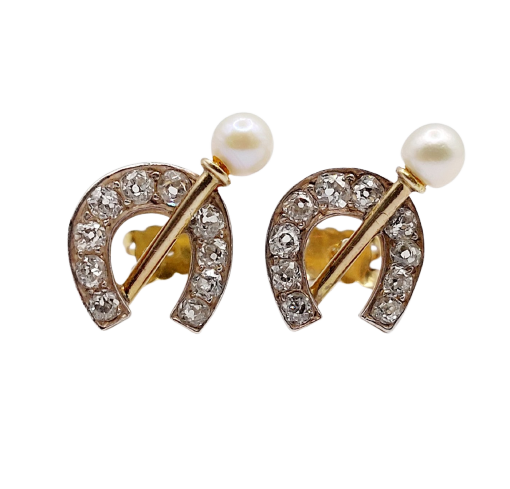 Puces d'oreilles fers à cheval en or 18k, argent, diamants et perles