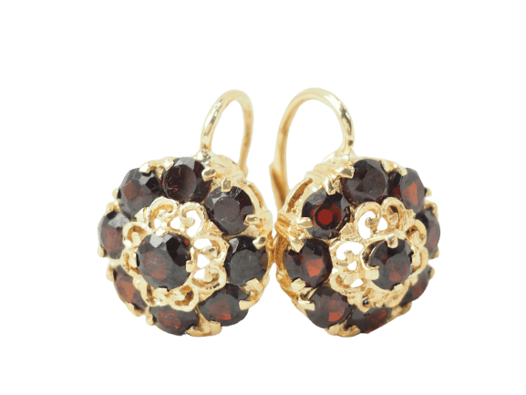 Boucles d'oreilles dormeuses en or jaune et grenats
