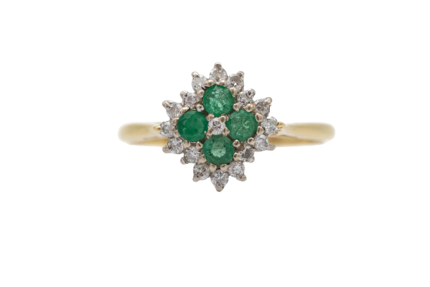 Bague vintage en or jaune, diamants et émeraudes