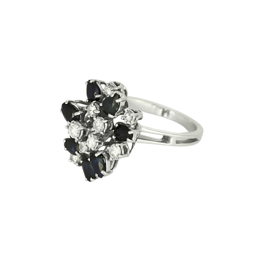 Bague panier vintage en or blanc, diamants et saphirs