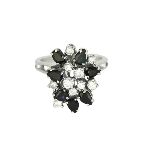 Bague panier vintage en or blanc, diamants et saphirs