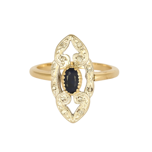 Bague marquise ancienne en or jaune, or blanc, diamants et saphir