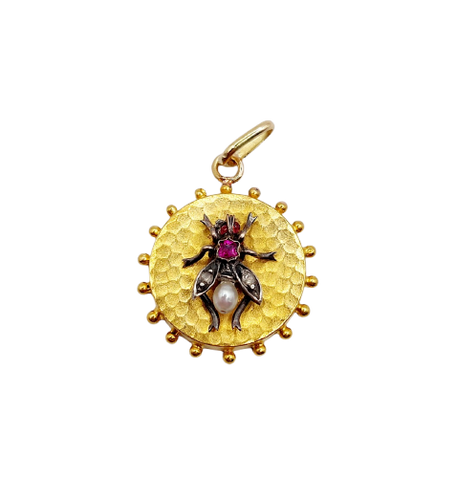 Pendentif abeille ancien en or 18k, argent, rubis, perle et diamants