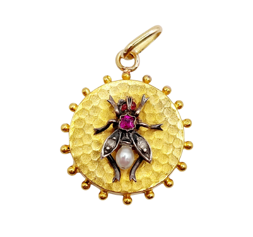 Pendentif abeille ancien en or 18k, argent, rubis, perle et diamants
