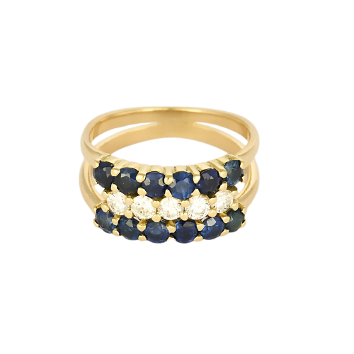 Bague demi-alliance en or jaune, saphirs et diamants
