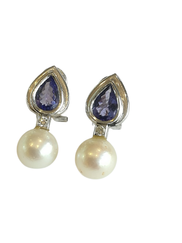 Boucles d'oreilles en platine, perles, diamants et tanzanites