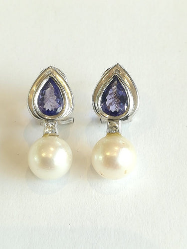 Boucles d'oreilles Demi-parure - Collier et boucles d’oreilles en or blanc et platine, perles, tanzanites, diamants 58 Facettes PAR  002