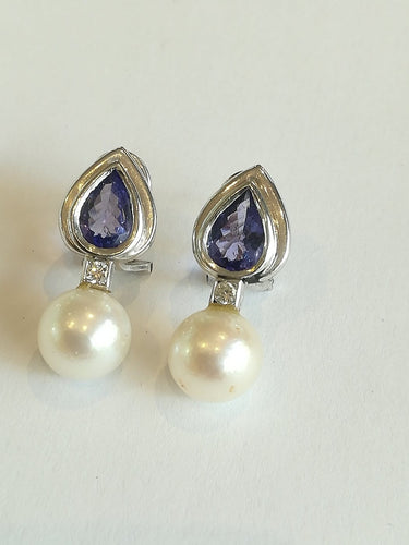 Boucles d'oreilles Demi-parure - Collier et boucles d’oreilles en or blanc et platine, perles, tanzanites, diamants 58 Facettes PAR  002