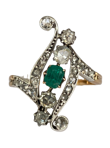 Edwardian - Bague en or jaune 18 ct et platine, émeraude et diamants