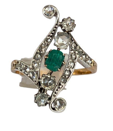 Edwardian - Bague en or jaune 18 ct et platine, émeraude et diamants