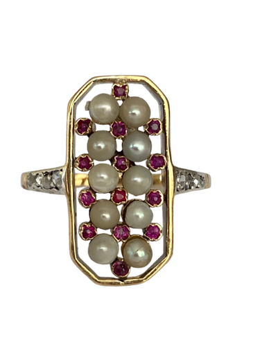 Edwardian - Bague en or jaune 18 kt, perle, rubis et diamants
