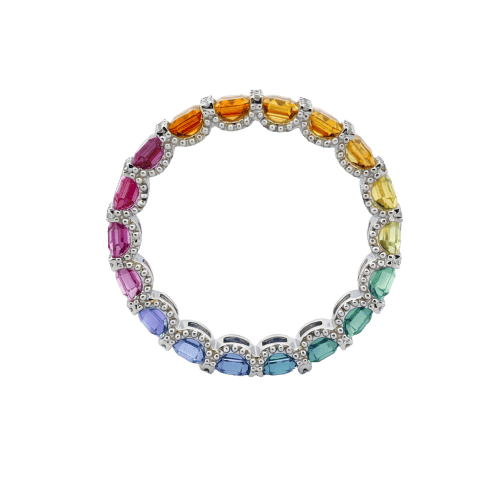 Bague 52 Rainbows - Alliance en platine, saphirs multicolores et diamants 58 Facettes Ar