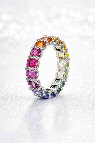 Bague 52 Rainbows - Alliance en platine, saphirs multicolores et diamants 58 Facettes Ar