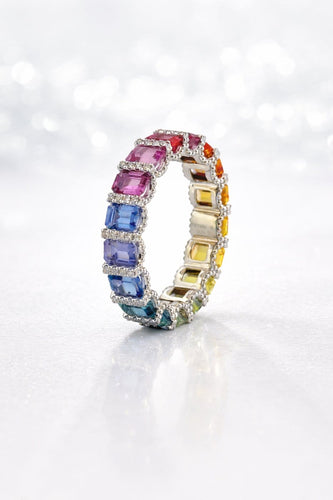 Bague 52 Rainbows - Alliance en platine, saphirs multicolores et diamants 58 Facettes Ar