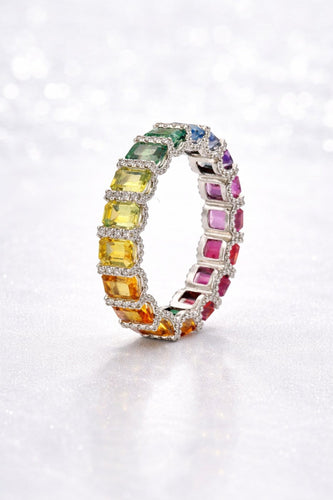Bague 52 Rainbows - Alliance en platine, saphirs multicolores et diamants 58 Facettes Ar