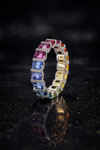 Bague 52 Rainbows - Alliance en platine, saphirs multicolores et diamants 58 Facettes Ar