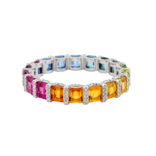 Bague 52 Rainbows - Alliance en platine, saphirs multicolores et diamants 58 Facettes Ar