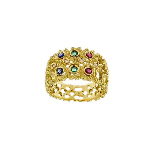 Bague 56 Bague ajourée en or jaune avec rubis, émeraudes, saphirs et diamants 58 Facettes 40254