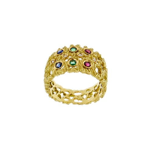 Bague 56 Bague ajourée en or jaune avec rubis, émeraudes, saphirs et diamants 58 Facettes 40254