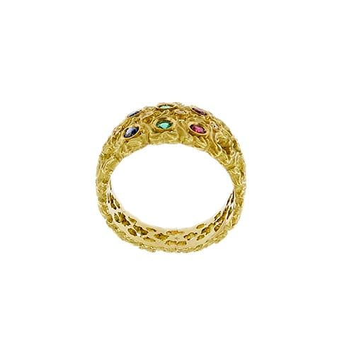 Bague 56 Bague ajourée en or jaune avec rubis, émeraudes, saphirs et diamants 58 Facettes 40254
