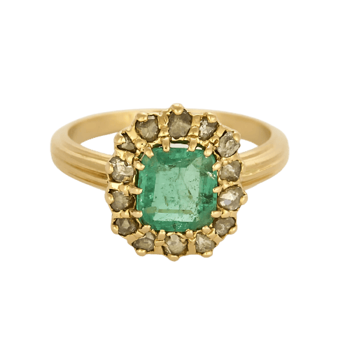Bague 51 Bague marguerite en or jaune avec émeraude et diamants 58 Facettes B260318