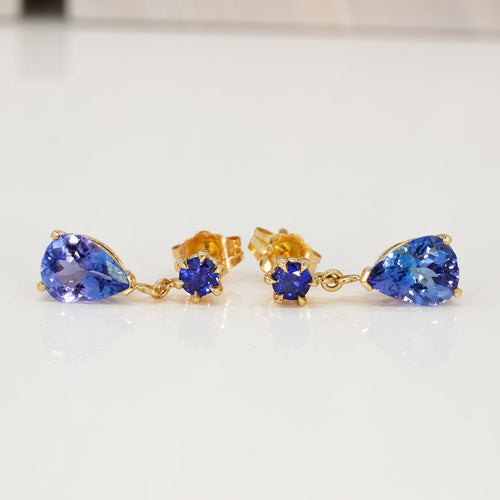 Boucles d'oreilles Boucles d'oreilles en or jaune 14 ct, tanzanites et saphirs bleus 58 Facettes E028