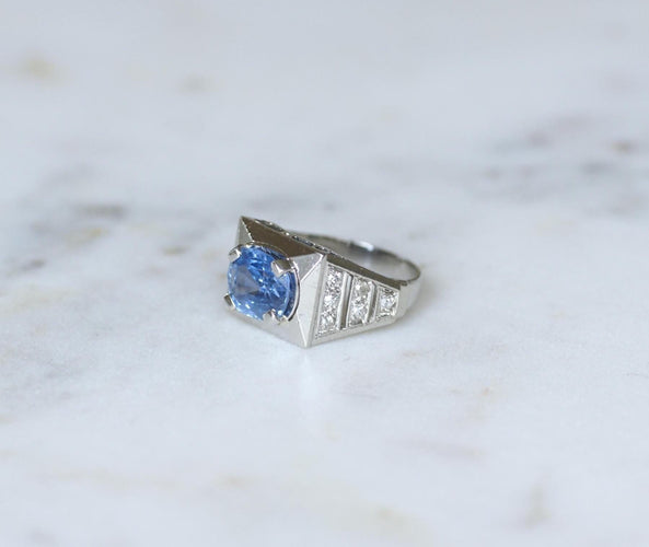 Bague 53 Art Déco - Bague chevalière en platine, saphir de Ceylan et diamants 58 Facettes