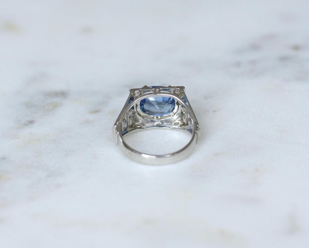 Bague 53 Art Déco - Bague chevalière en platine, saphir de Ceylan et diamants 58 Facettes