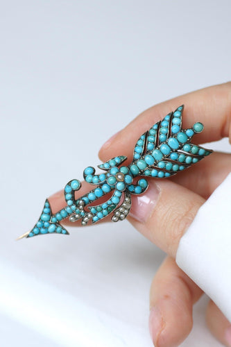 Broche Broche Flèche Ancienne Turquoises et Perles sur Or Rose 58 Facettes