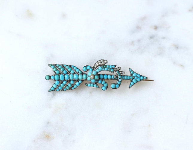 Broche Broche Flèche Ancienne Turquoises et Perles sur Or Rose 58 Facettes