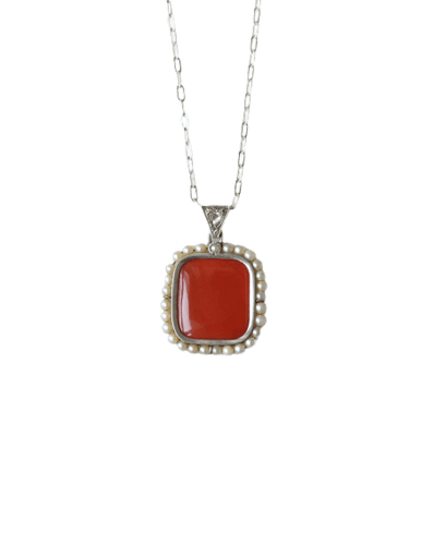 Collier Collier Pendentif Art Déco Diamant Cornaline et Perles sur Argent 58 Facettes