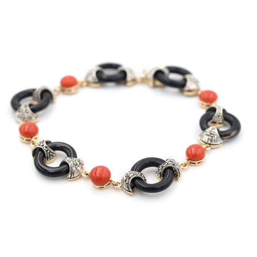 Bracelet Bracelet en or jaune 14 ct, diamants, corail et onyx 58 Facettes 23160