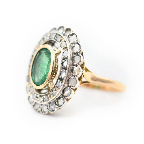 Bague 54 Bague en or 18 kt et argent, émeraude et diamants taille rose 58 Facettes 23170
