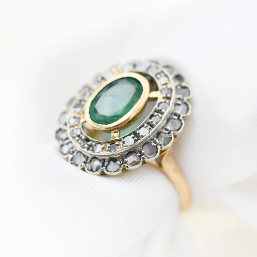 Bague 54 Bague en or 18 kt et argent, émeraude et diamants taille rose 58 Facettes 23170