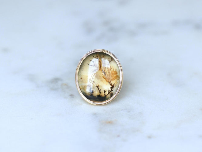 Bague 52 Chevalière ancienne en or jaune et agate dendritique 58 Facettes