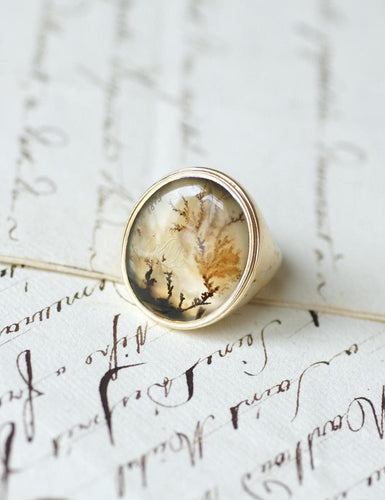 Bague 52 Chevalière ancienne en or jaune et agate dendritique 58 Facettes