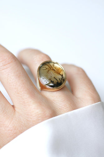 Bague 52 Chevalière ancienne en or jaune et agate dendritique 58 Facettes
