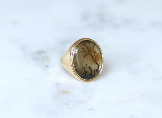 Bague 52 Chevalière ancienne en or jaune et agate dendritique 58 Facettes