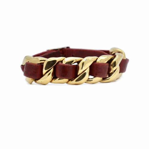 Chanel - Bracelet gourmette en métal doré et cuir rouge bordeaux