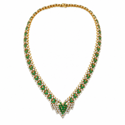 Boucles d'oreilles Piaget - Parure collier et boucles d'oreilles en or jaune, émeraudes et diamants 58 Facettes pi