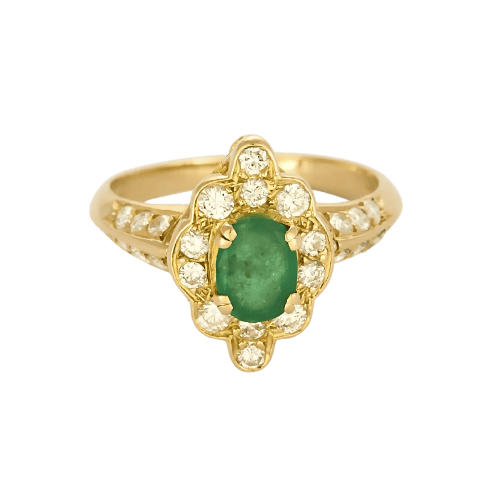 Bague marguerite en or jaune 18K, émeraude et diamants