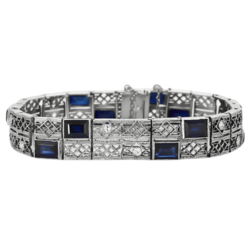 Bracelet articulé en or blanc, diamants et saphirs de synthèse