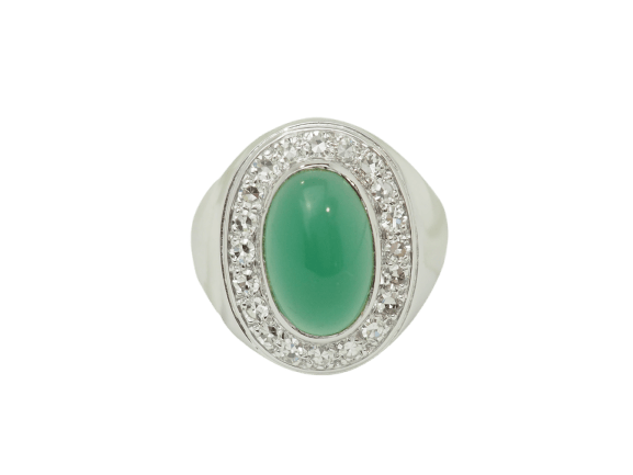 Bague 55 Bague chevalière ancienne en or blanc, agate verte et diamants 58 Facettes 33794