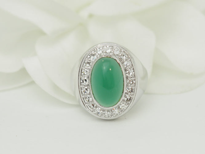 Bague 55 Bague chevalière ancienne en or blanc, agate verte et diamants 58 Facettes 33794