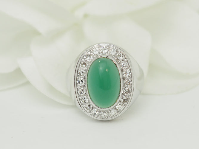 Bague 55 Bague chevalière ancienne en or blanc, agate verte et diamants 58 Facettes 33794