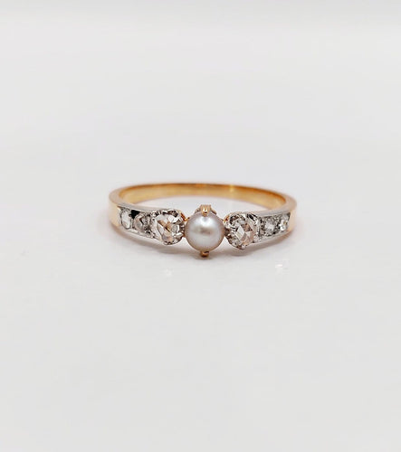 Bague 50.5 Bague antique en or rose 18k, platine, perle et diamants 58 Facettes A07421