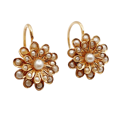 Boucles d'oreilles Dormeuses marguerite en or rose 18k et perles 58 Facettes A07454