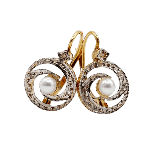Boucles d'oreilles Dormeuses tourbillon en or 18K, perles et diamants taille rose 58 Facettes A06494