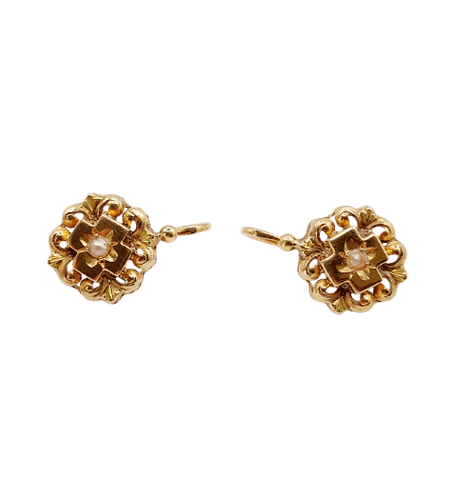 Boucles d'oreilles Dormeuses fleur antiques en or 18k et perles 58 Facettes A06495