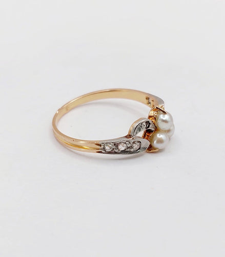 Bague 54 Bague trèfle antique en or rose, platine, perles et diamants 58 Facettes A06880